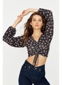 Trendyol Black Floral Print Shirring Detailed Fitted/Sleeping Crop V-Neck Knitted Blouse