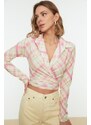 Trendyol Multi-colored Plaid/Check Crepe Knitted Blouse with Double Breasted Collar