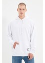 Trendyol Basic White Men's Oversize/Wide Cut Hooded Labeled Fleece Inside Cotton Sweatshirt