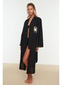 Trendyol Black Belted Midi Woven Embroidered 100% Cotton Kimono & Kaftan