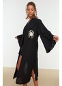 Trendyol Black Belted Midi Woven Embroidered 100% Cotton Kimono & Kaftan
