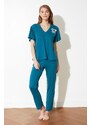 Trendyol Petroleum Cotton Koala Printed Sleeve Flounce Detail T-shirt-Pants Knitted Pajamas Set