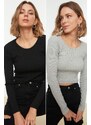 Trendyol Black-Grey 2-Pack Fitted Wide Collar Corduroy Stretchy Crop Knitted Blouse