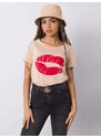 Fashionhunters OCH BELLA Béžové bavlněné tričko s potiskem