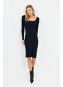 Trendyol Navy Square Neck Fitted Long Sleeve Midi Ribbed Stretch Knit Dress