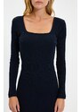 Trendyol Navy Square Neck Fitted Long Sleeve Midi Ribbed Stretch Knit Dress