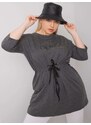 Fashionhunters Tmavě šedá melanžová plus size tunika s nápisem