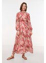 Trendyol růžový květinový vzor košilový límec s páskem lemovaný šifón tkané šaty