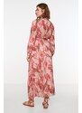 Trendyol růžový květinový vzor košilový límec s páskem lemovaný šifón tkané šaty