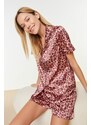 Trendyol Pink Leopard Patterned Satin Shirt-Shorts Woven Pajama Set