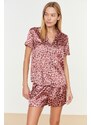 Trendyol Pink Leopard Patterned Satin Shirt-Shorts Woven Pajama Set