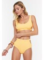 Trendyol Apricot Textured High Waist Bikini Bottoms With Cut Out Detailed