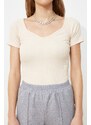 Trendyol Beige Fitted Cotton Stretch Knitted Blouse