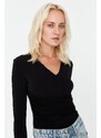 Trendyol Black Shirring Detailed V-Neck Flexible Knitted Body With Snap Button