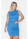 Trendyol Curve Sax With Shirring Details, Round Neck Knitted Dress