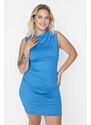 Trendyol Curve Sax With Shirring Details, Round Neck Knitted Dress