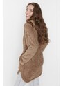 Plyšový kabát Trendyol Camel s kapucí na zip