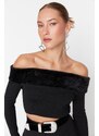 Trendyol Plush Detailed Crop Blouse in Black