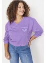 Trendyol Curve Purple Purple V-Neck Printed Thin Knitted Sweatshirt