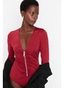 Trendyol Burgundy Zip Detailed V-Neck Body