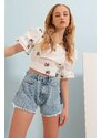 Trend Alaçatı Stili Women's Blue High Waist Leg Denim Shorts with Tassels