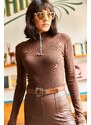 Olalook Women's Bitter Brown Zipper Turtleneck Lycra Blouse