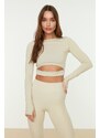 Trendyol Stone Crop Window/Cut Out and Thumb Hole Detailed Knitted Sports Top/Blouse