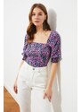 Trendyol Multi Color Crop Woven Square Neck Floral Pattern Blouse