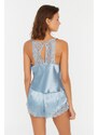 Trendyol Blue Lace Detailed Satin Undershirt-Shorts Woven Pajamas Set