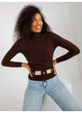 Fashionhunters Tmavě hnědý žebrovaný svetr s rolákem