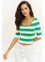 Cool & Sexy Women's Green Square Neck Striped Knitwear Blouse