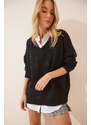 Happiness İstanbul Dámský černý oversize pletený svetr s výstřihem do V