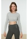 Trendyol Gray Shirring Detail Fitted Crop Crew Neck Ribbed Cotton Stretch Knitted Blouse