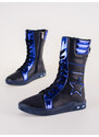 Girls' leather ankle boots with high upper Shelvt navy blue