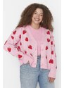Trendyol Curve Růžový jahodový vzorovaný pletený svetr s výstřihem do V