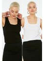 Trendyol Curve Black-White Basic Corded 2-Pack Square Collar Knitted Tank Top