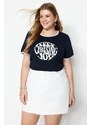 Trendyol Curve Navy Blue Printed Crop Knitted T-shirt