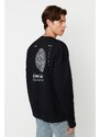 Trendyol Black Oversize/Wide Cut Crew Neck Fleece Inside Mystic Printed Sweatshirt