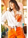 Olalook Women's White Orange Pocket Detailed Oversize Woven Shirt