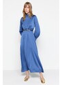 Trendyol Dark Blue Collar and Cuff Draped Detail Belted Woven Evening Dress