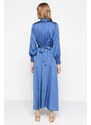 Trendyol Dark Blue Collar and Cuff Draped Detail Belted Woven Evening Dress