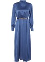 Trendyol Dark Blue Collar and Cuff Draped Detail Belted Woven Evening Dress