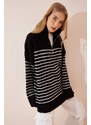 Happiness İstanbul Women's Black Zipper High Neck Striped Long Oversize Sweater