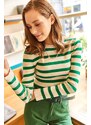 Olalook Women's Grass Green Crew Neck Striped Knitwear Crop Sweater