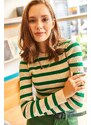 Olalook Women's Grass Green Crew Neck Striped Knitwear Crop Sweater