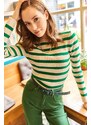 Olalook Women's Grass Green Crew Neck Striped Knitwear Crop Sweater