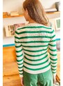 Olalook Women's Grass Green Crew Neck Striped Knitwear Crop Sweater