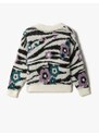 Koton Zebra Patterned Floral Plush Sweater Long Sleeved Crew Neck