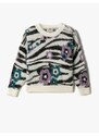 Koton Zebra Patterned Floral Plush Sweater Long Sleeved Crew Neck