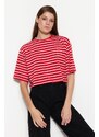 Trendyol Red-Pink Striped Relaxed/Wide, Comfortable Cut Crop Crewneck Knitted T-Shirt